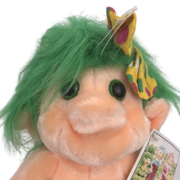 Vintage Trolio Trolls Plush 9.5" Doll 1992 Chosun Green Hair Bow Naked w/ Tag - Picture 2 of 13